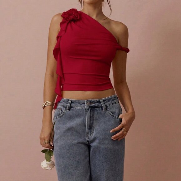 Burgundy Preppy Women's Oblique Collar Rhinestone Tank - Picture 5 of 5